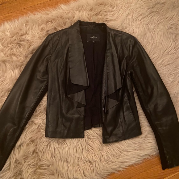 Cole Haan Lambskin Open Front Waterfall Leather Jacket - Picture 4 of 7